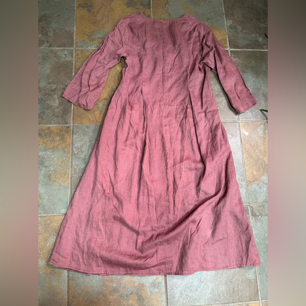 SOLD Roolee Pink 100% Linen Button 3/4 Sleeve Modest Dress Size Small - Picture 3 of 8